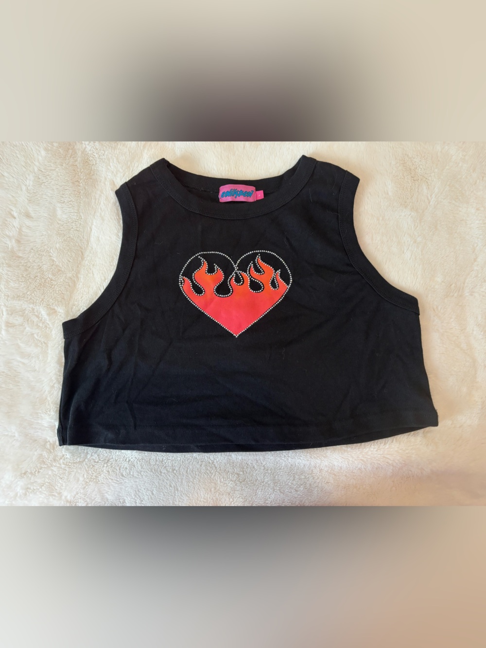 Edikted Black Crop Tank with Red Flame Heart Graphic
